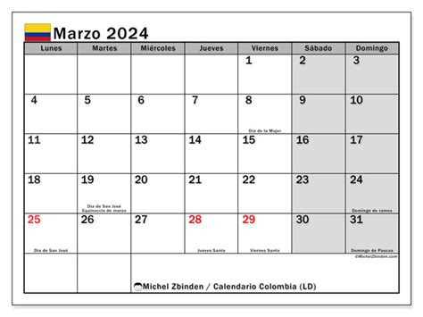 calendario marzo de 2024 colombia